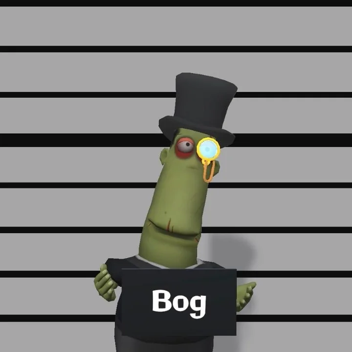 Bog's mugshot: a lanky green figure in a top hat and monocle, holding a name board against the height chart.