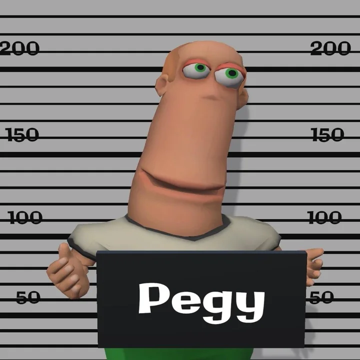 Pegy's mugshot: bald, wide green eyes, holding a name board against the height chart.