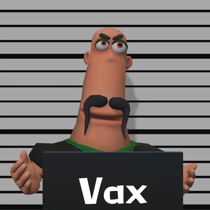 Vax's mugshot: a scowl, a heavy black moustache and a green undershirt, holding a name board.