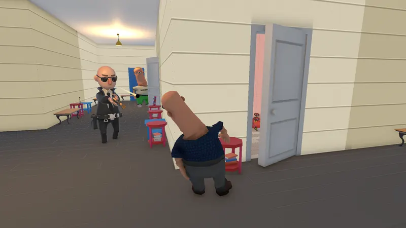 A guard confronting a player inside a room full of tiny chairs.