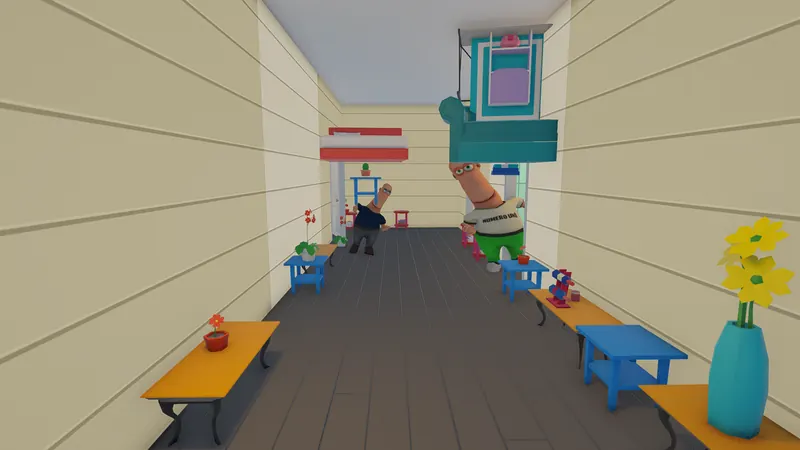 A long wooden corridor with benches and a figure at the end.
