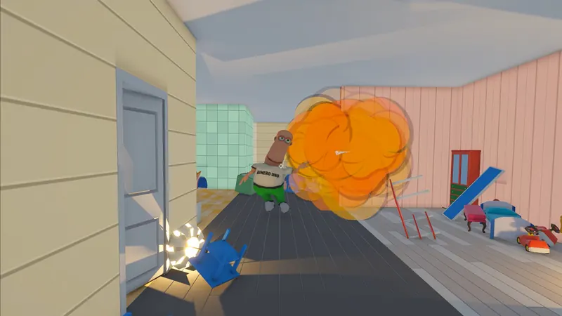 An orange explosion blowing through an interior wall.