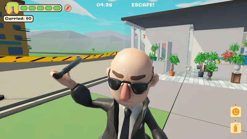 A guard in sunglasses swinging a baton at the camera.
