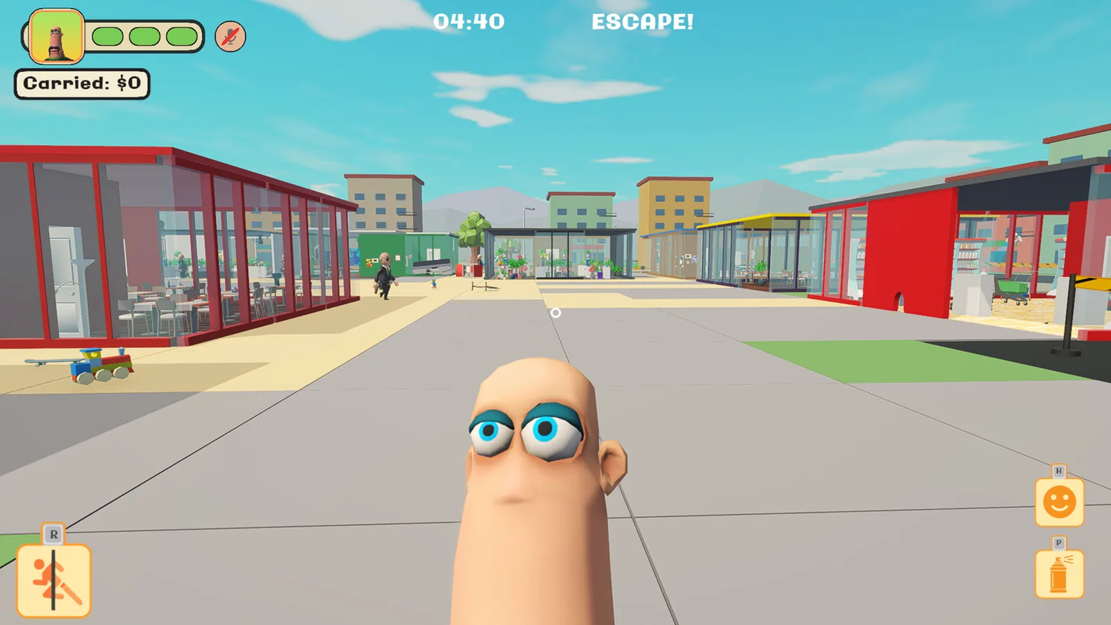 A player character out on the sunny street outside the shops, escape timer running.