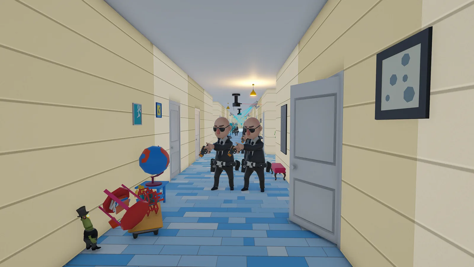 Two guards walking down a tiled corridor towards the camera.