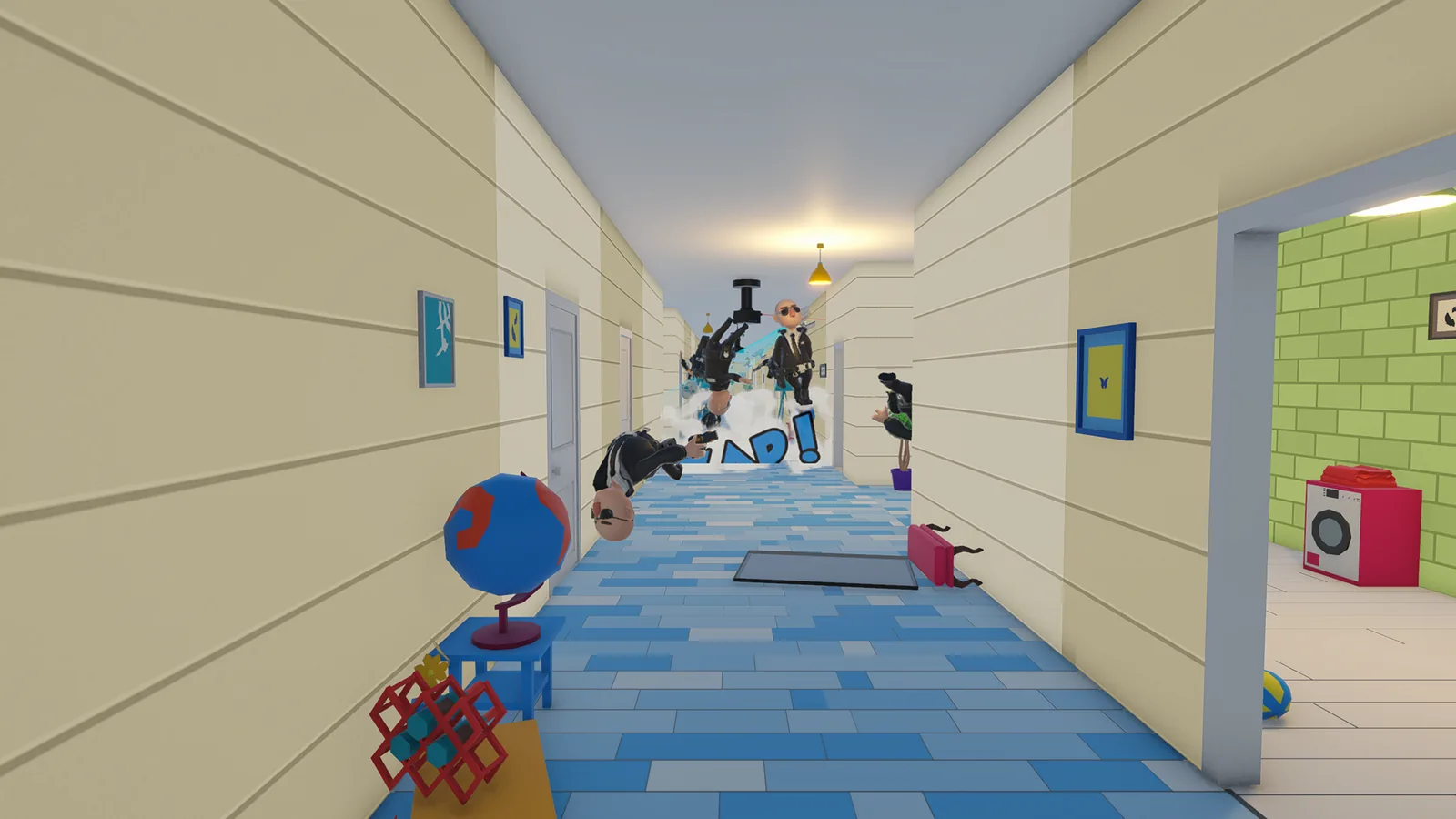 A character sent flying down a corridor past two guards.