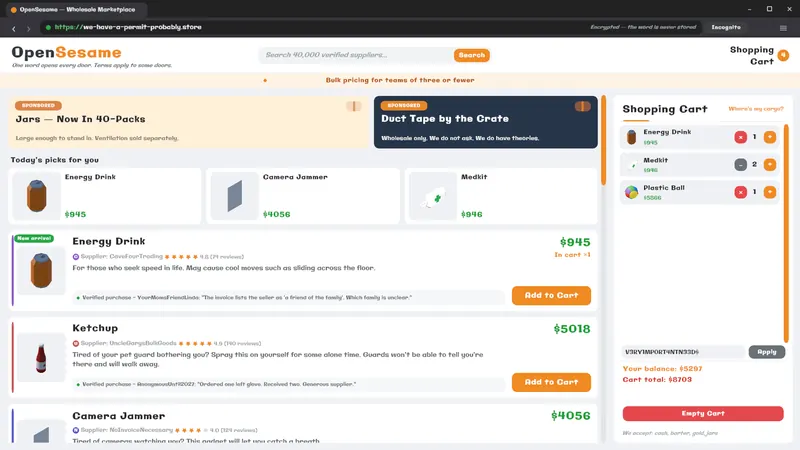 The OpenSesame in-game shopping site with a full cart.